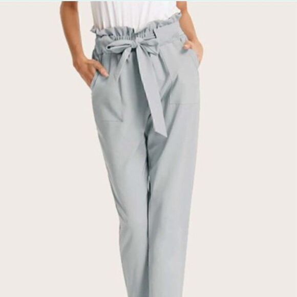 Apana Pants - Apana Putty Grey Paperbag High Waist Belted Pants